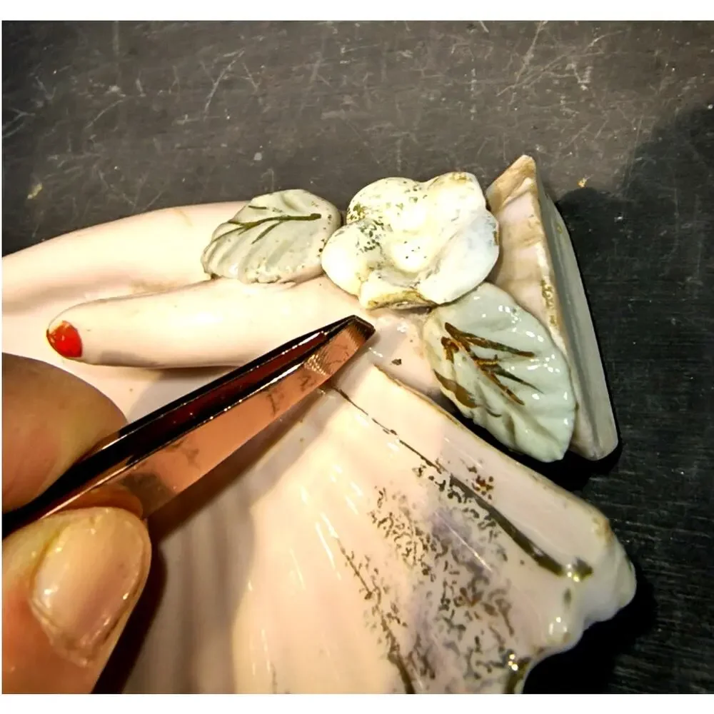 1961.  Vintage Pink Porcelain MCM Hand and Fan Jewelry Trinket Tray Decor